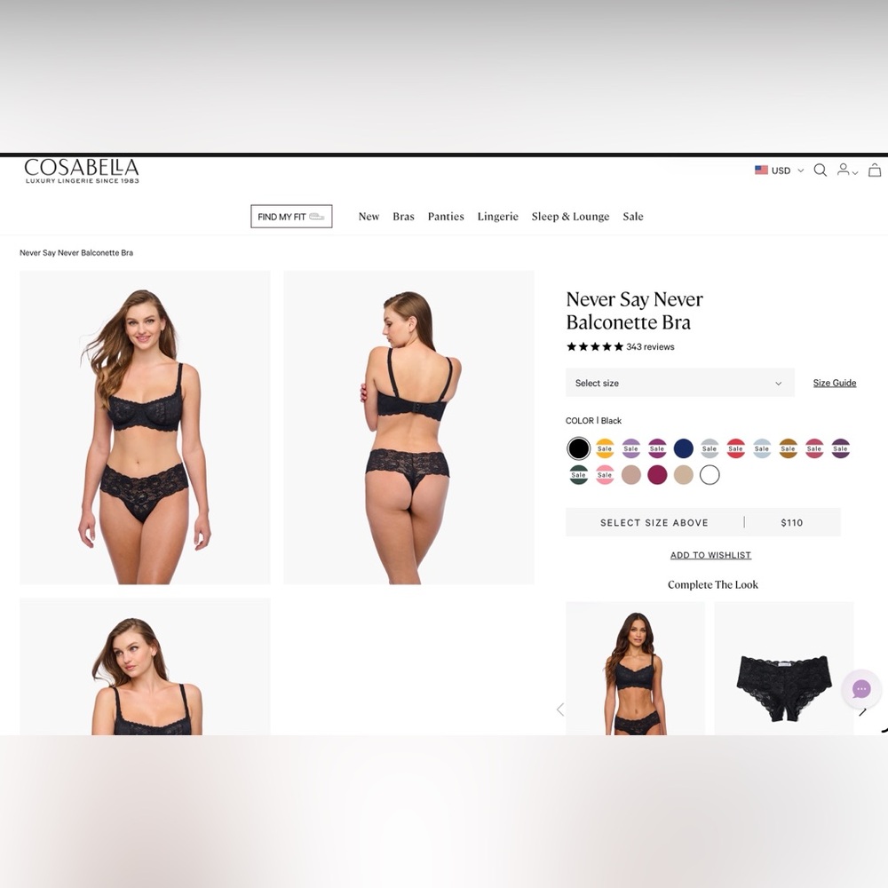 Cosabella Bra Never Say Never Balconette Lace Underwire Black Women 36C